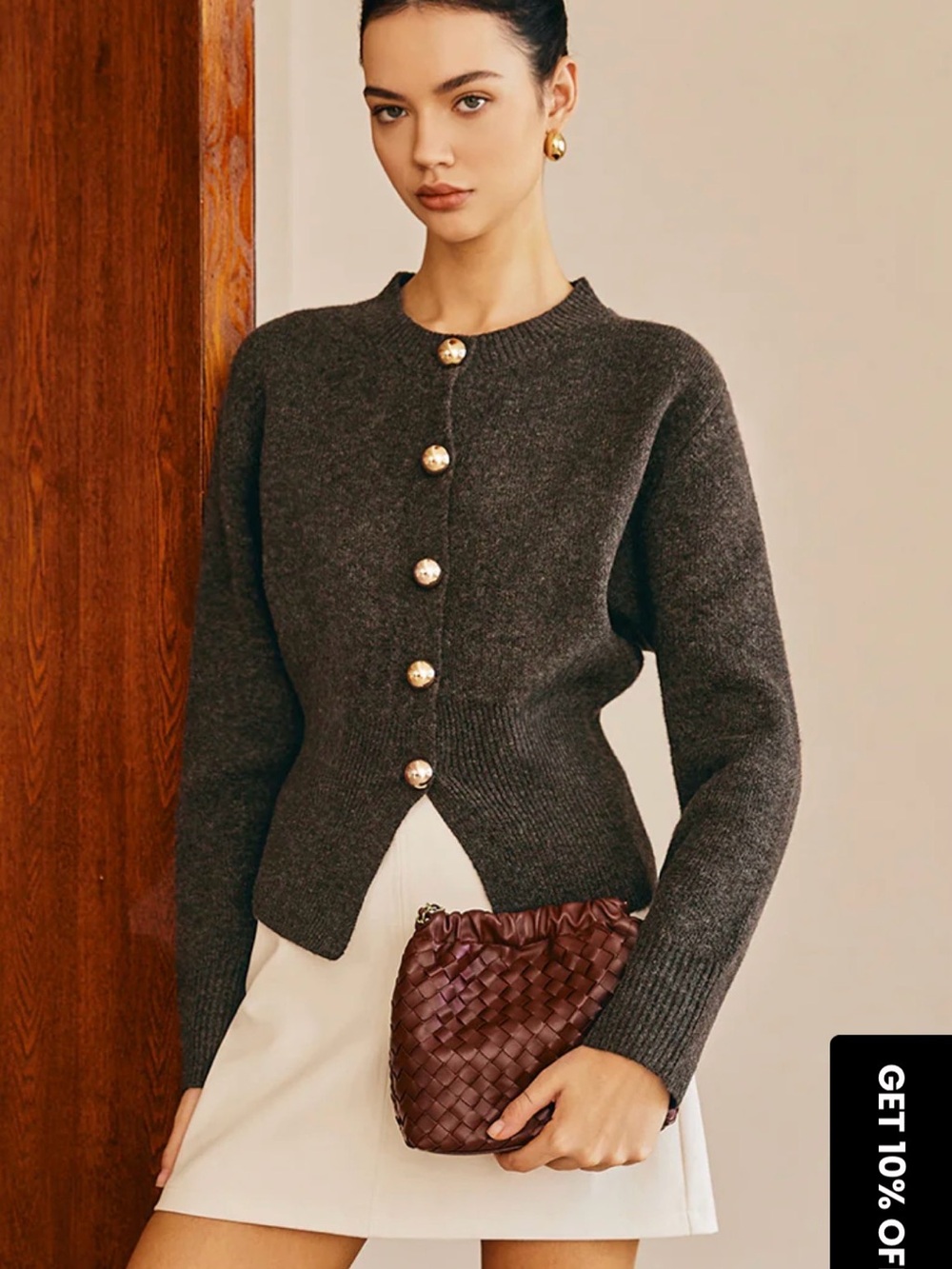 Commense Chocolate Button-Front Knit Cardigan with Gold Buttons